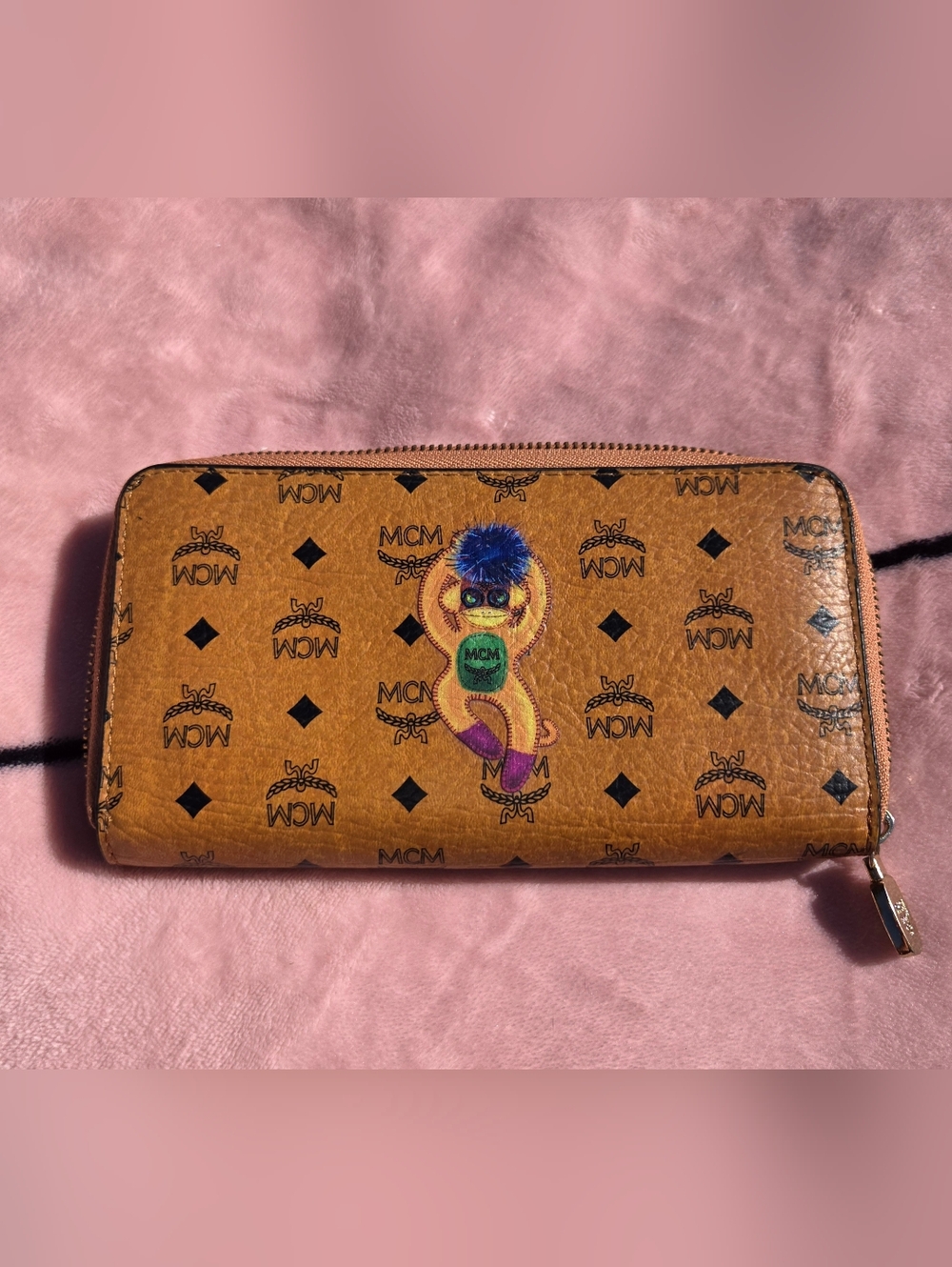 MCM Cognac Monogram Wallet with Multicolor Monkey Character